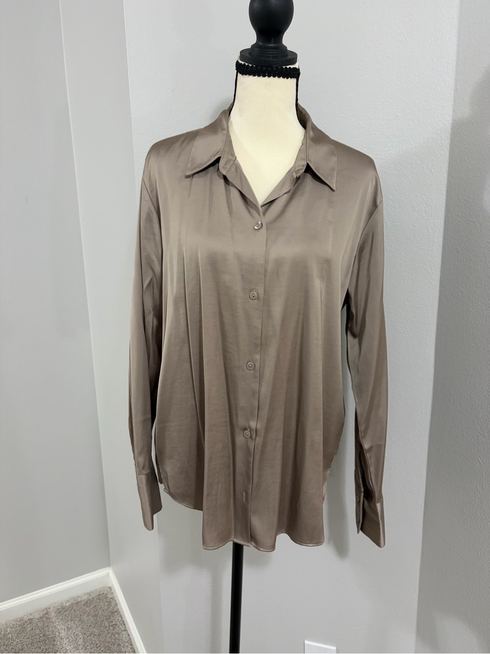 Silky Taupe Button-Up Blouse